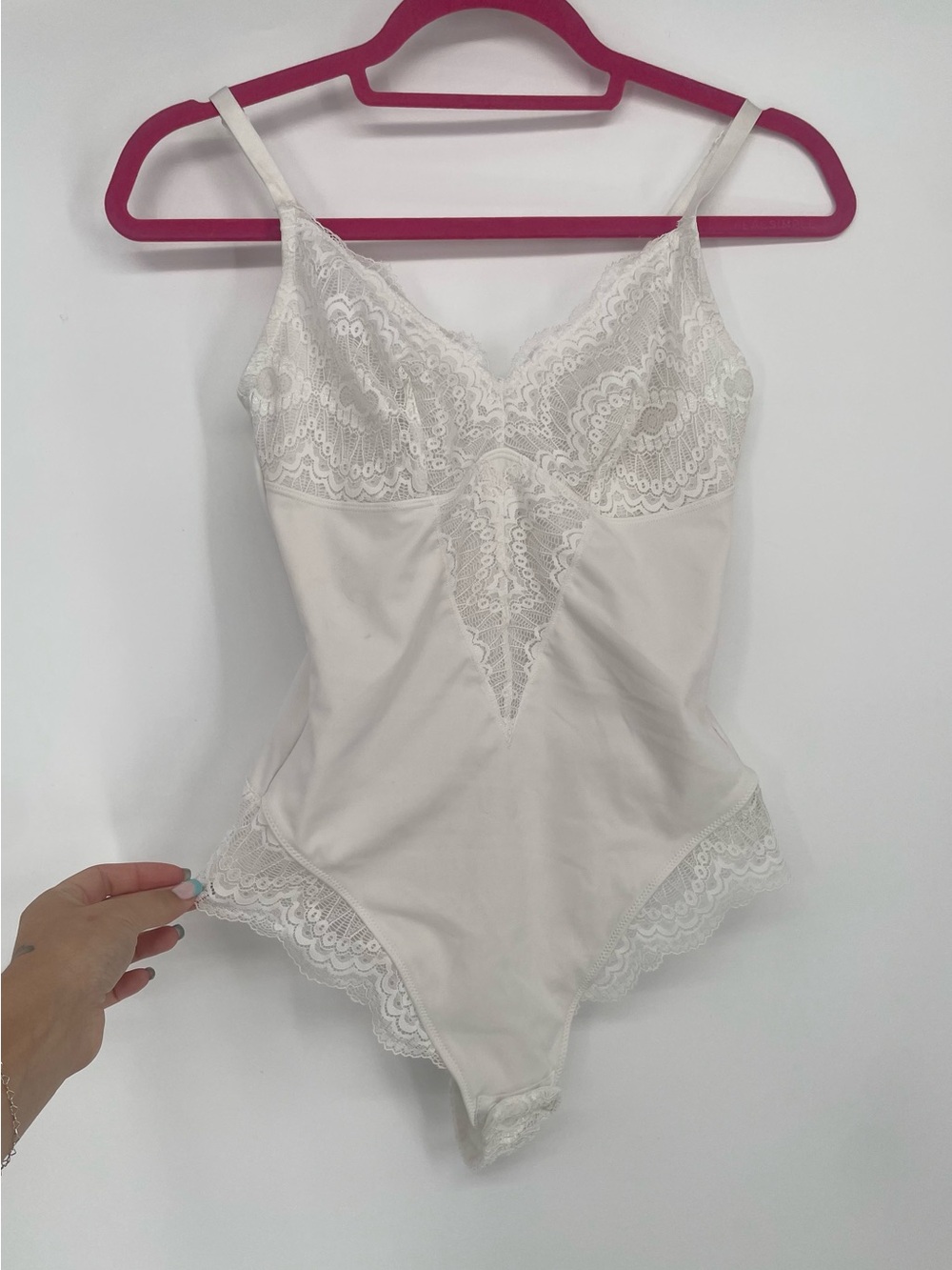 Vintage White Nylon Spandex Lingerie Shapewear Bodysuit Cami Straps W Lace